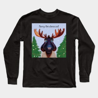 Merry Christmoose - Christmas Moose in the snow in blue and green Long Sleeve T-Shirt